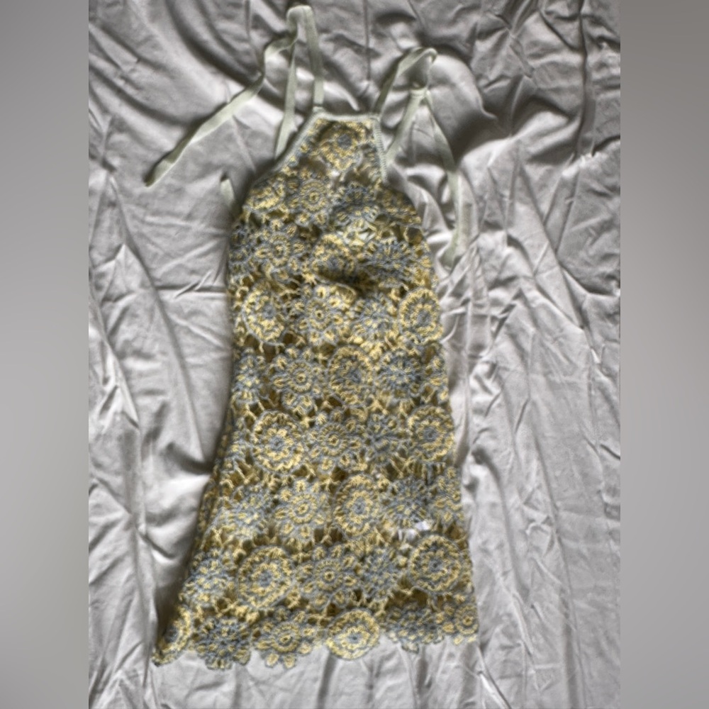 For Love & Lemons Crochet Mini Dress in Pastel Yellow and Light Blue - Picture 5 of 9